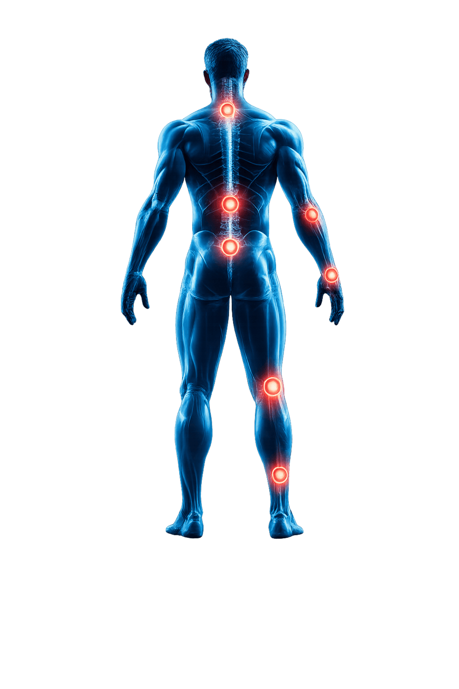 Anatomical diagram with highlighted injury areas