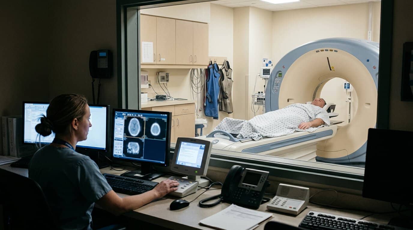 Provider performing a concussion evaluation on an adult patient